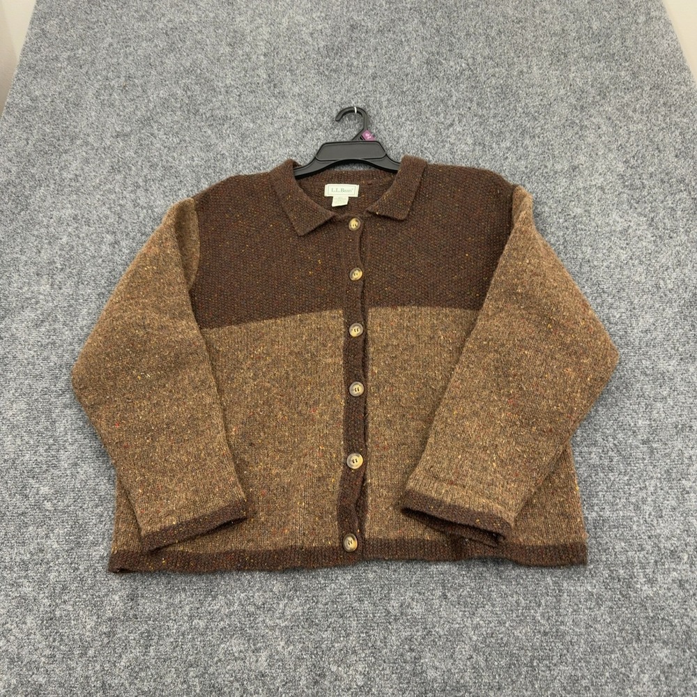 Vintage LL Bean Cardigan Women XL Brown Lambswool Button Collared Preppy Style - Picture 2 of 6